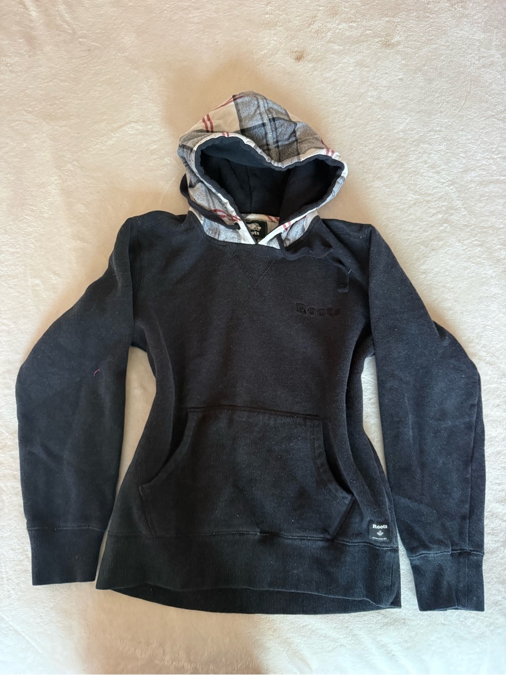 Roots Black Hoodie with Plaid-Lined Hood